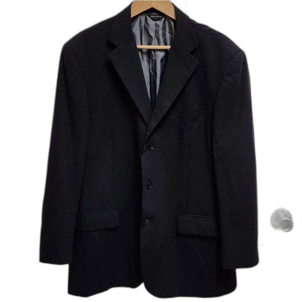 Montefino Uomo Blazer Mens 42R Black Merino Wool Super 120s Office Preppy Italy